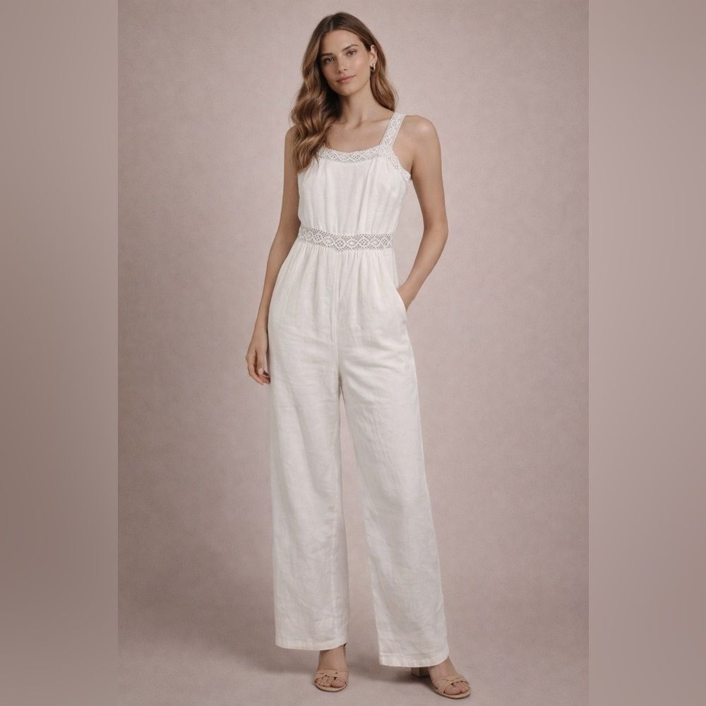 American Eagle Outfitters Ivory Lace Trim Wide Leg Jumpsuit Size Extra Small